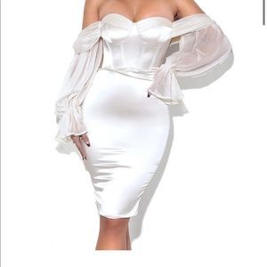 Miss Circle Lydia Pearl White Satin Off Shoulder Puff Sleeve Dress bridal